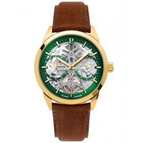 Montre Homme MONARCK Doré Cadran Vert Bracelet Cuir Brun 22 MM