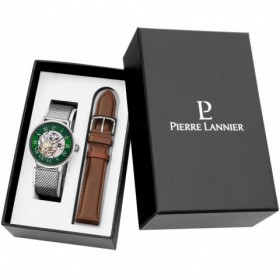 Coffret Homme AUTOMATIC Argenté Cadran Vert Bracelet Cuir Brun 20 MM