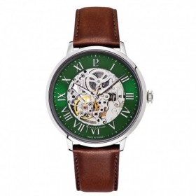 Montre Homme AUTOMATIC Argenté Cadran Vert Bracelet Cuir Brun 20 MM